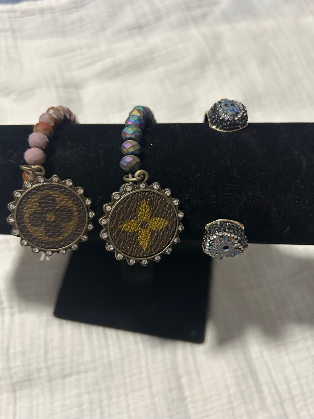 Keep it Gypsy set of 2 Upcycled LV bracelt & no brand gold rainbow druzy cuff